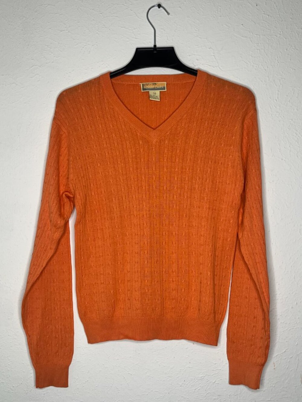 Women's Bobby Chan Orange Cable Knit Sweater Top V-neck Silk Cotton Size Medium